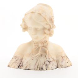 Antique Exchange Co-Op - Late 19th Century Carved Alabaster Bust of a Young Girl Wearing a Bonnet
