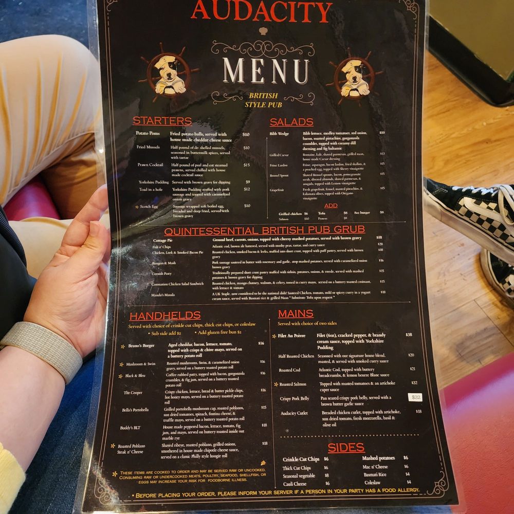 Audacity British Style Pub - Food menu (May 2024) - Pubs Near Me - Manchester, Connecticut Audacity British Style Pub - Food menu (May 2024) - Pubs Near Me - Manchester, Connecticut