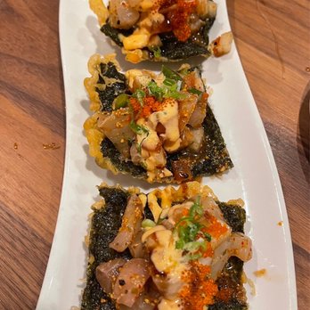 BF Miyabi - Sushi Tacos~ My go-to, topped with fresh sashimi & placed on a nice crispy seaweed with tempura underneath! - Sushi Bars Near Me - Roseville, California BF Miyabi - Sushi Tacos~ My go-to, topped with fresh sashimi & placed on a nice crispy seaweed with tempura underneath! - Sushi Bars Near Me - Roseville, California