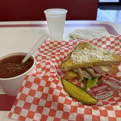 Monte Cristo sandwich with gazpacho.