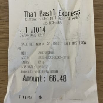 Thai Basil Express - The receipt $66.48 - Thai Near Me - Dublin, California