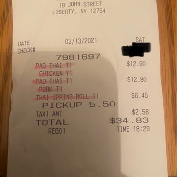 Sweet Basil Thai Restaurant - the receipt - Thai Near Me - Liberty, New York Sweet Basil Thai Restaurant - the receipt - Thai Near Me - Liberty, New York