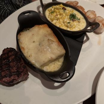 J. Gilbert's Wood-Fired Steaks & Seafood - 4 oz filet with poblano au gratin potatoes and creamed corn with bacon - Steakhouses Near Me - Overland Park, Kansas J. Gilbert's Wood-Fired Steaks & Seafood - 4 oz filet with poblano au gratin potatoes and creamed corn with bacon - Steakhouses Near Me - Overland Park, Kansas