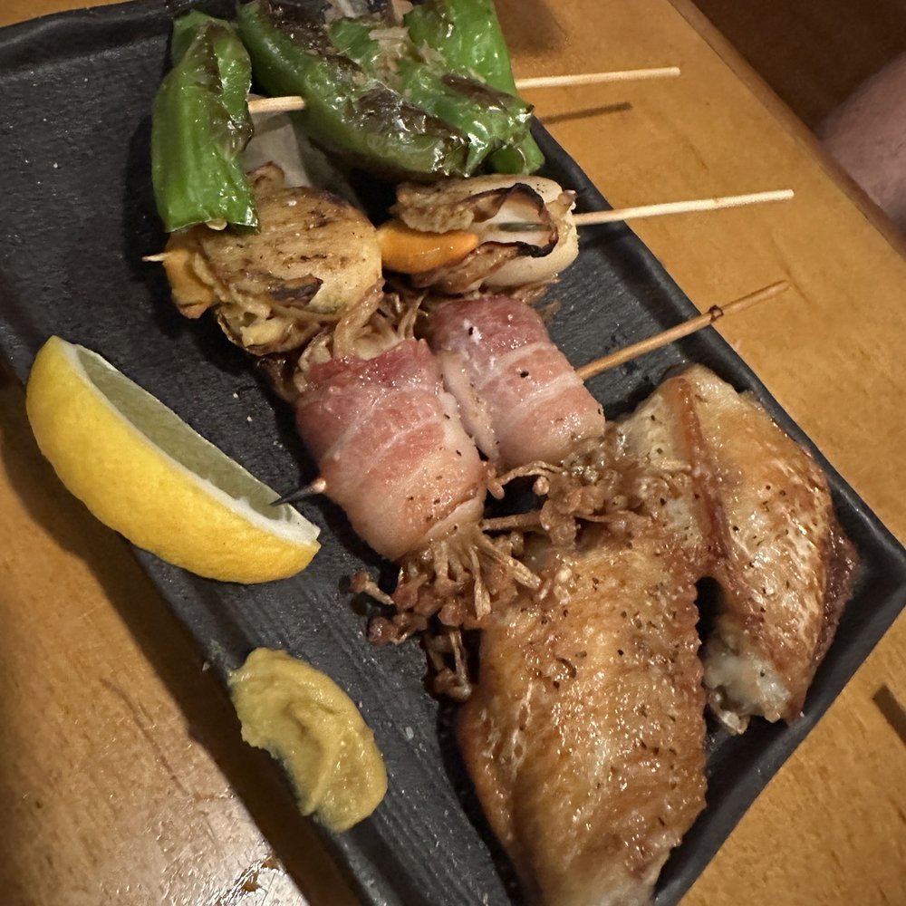 Torikyu - Skewers- shishito peppers, scallops, bacon wrapped enoki and chicken wings - Japanese Near Me - Honolulu, Hawaii Torikyu - Skewers- shishito peppers, scallops, bacon wrapped enoki and chicken wings - Japanese Near Me - Honolulu, Hawaii