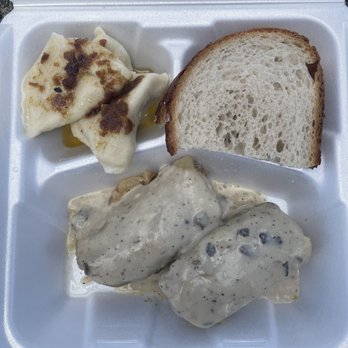 Krakow Deli Bakery Smokehouse - Potato and cheese pierogi, rye bread, and golumpki with mushroom sauce. - Smokehouse Near Me - Woonsocket, Rhode Island
