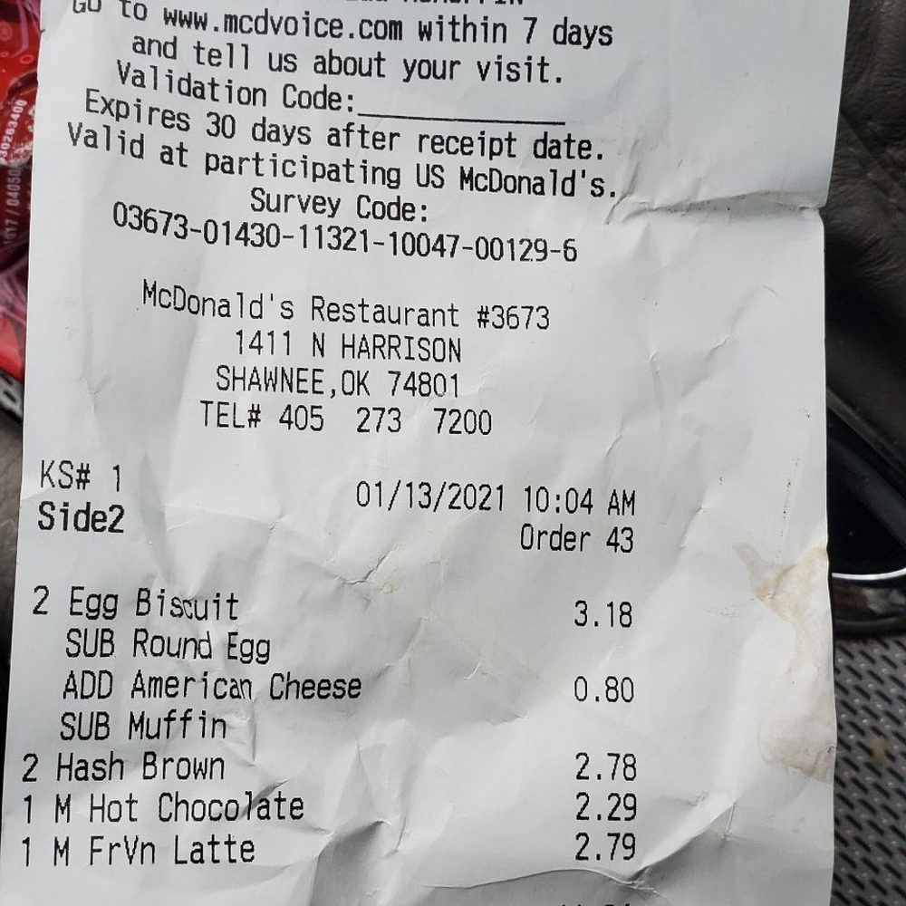 McDonald's - the receipt for the meal - Burgers Near Me - Shawnee, Oklahoma McDonald's - the receipt for the meal - Burgers Near Me - Shawnee, Oklahoma