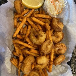 Shrimp basket in their new awesome seafood breader and the shoestring sweet fries. I freaking love lunch breaks here. Shrimp basket in their new awesome seafood breader and the shoestring sweet fries. I freaking love lunch breaks here.