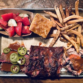 Dinosaur Bar-B-Que - 3 meat combo w/ fries & cucumber/tomato salad - Barbeque Near Me - Syracuse, New York
