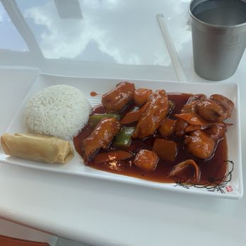 VeGreen Noodle - Vegan sweet-and-sour chicken with the side of white rice and Spring Roll - Noodles Near Me - Buford, Georgia