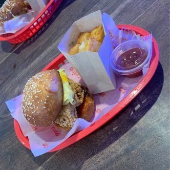 Hero - Egg and cheese bun with fried chicken, with hash browns - Donuts Near Me - Birmingham, Alabama Hero - Egg and cheese bun with fried chicken, with hash browns - Donuts Near Me - Birmingham, Alabama
