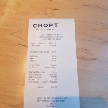 Chopt Creative Salad Co. - Receipt - Salad Near Me - Washington, DC, District of Columbia Chopt Creative Salad Co. - Receipt - Salad Near Me - Washington, DC, District of Columbia