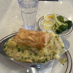 Chicken Pot Pie Side of Broccoli  Glass of Water