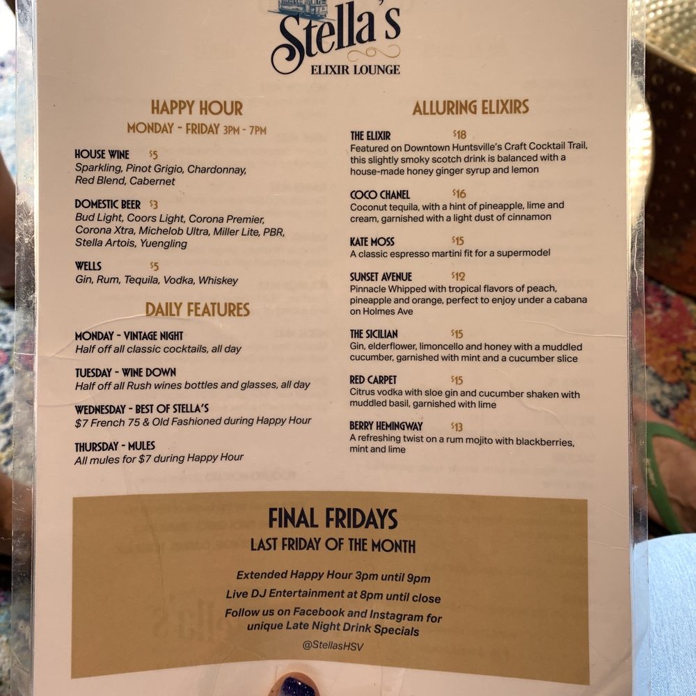 Stellas Elixir Lounge - Menu - Lounges Near Me - Huntsville, Alabama Stellas Elixir Lounge - Menu - Lounges Near Me - Huntsville, Alabama
