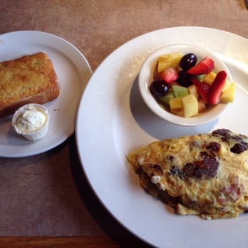 Honey-Jam Cafe - Date, bacon, and goat cheese omelette with fruit and cornbread - Breakfast & Brunch Near Me - Naperville, Illinois