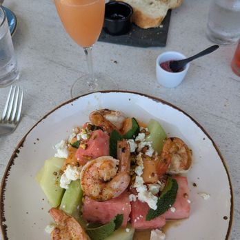 Salt & Stone - Melon salad with added prawns, guava mimosa - Wine Bars Near Me - Kenwood, California