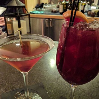 Celadon - Sangria (right, $9) and Manhattan (left, $11) - Seafood Near Me - Napa, California Celadon - Sangria (right, $9) and Manhattan (left, $11) - Seafood Near Me - Napa, California