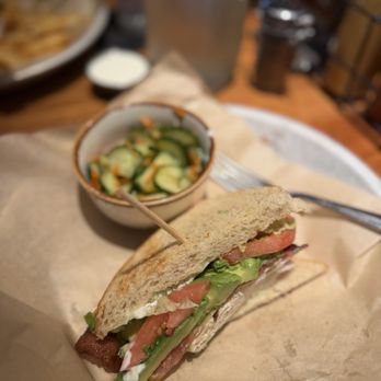 Lazy Dog Restaurant & Bar - 1/2 chicken bacon sandwiches and pickle cucumbers. Came with a salad that was served before. - Comfort Food Near Me - Naperville, Illinois