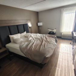 Quality Inn - Large bed, fridge, microwave, and small metal desk