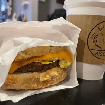 Bird Bird Biscuit - Biscuitarian: Vegetarian biscuit sandwich with Impossible sausage, organic egg over medium and cheddar on a handmade buttermilk biscuit - Breakfast & Brunch Near Me - Austin, Texas