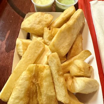 Canastas Chicken - Fried yuca & aji Amarillo/verde sauces - Peruvian Near Me - Henrico, Virginia