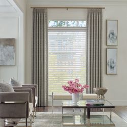 At Home Blinds & Decor - Bold custom drapery with soft, subtle Silhouette® Window Shades create the perfect atmosphere with all the lighting and privacy options.
