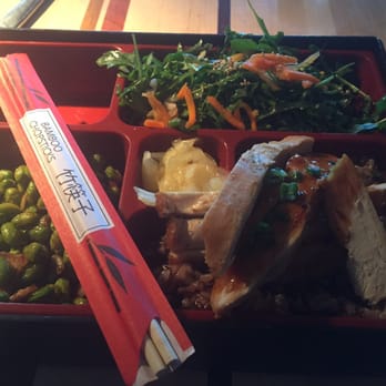 Root Down DIA - Bento Box with Free Range Chicken on a bed of rice, a small salad and edamame - New American Near Me - Denver, Colorado Root Down DIA - Bento Box with Free Range Chicken on a bed of rice, a small salad and edamame - New American Near Me - Denver, Colorado