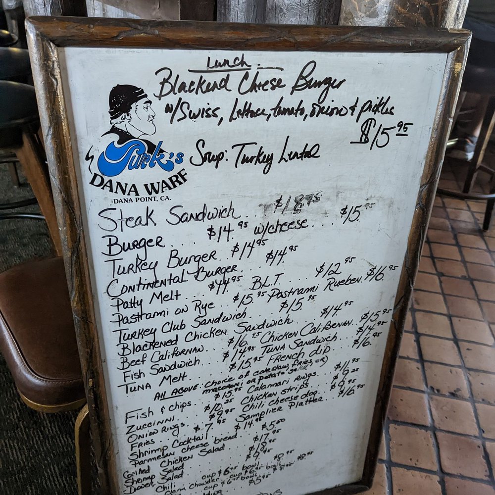 Turk's Dana Warf - Menu board. - Dive Bars Near Me - Dana Point, California Turk's Dana Warf - Menu board. - Dive Bars Near Me - Dana Point, California