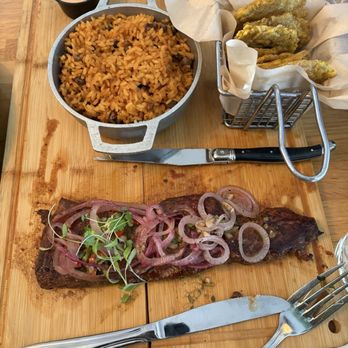 Cafe Con Leche - Arroz con gondulaes/yellow rice and beans, skirt steak with piccoled onions and tostones - Coffee & Tea Near Me - Wappingers Falls, New York