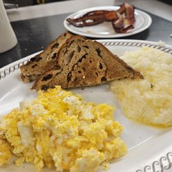 Waffle House - Cheesy Eggs Platter with grits, raisen toast, Apple Butter and a side of bacon