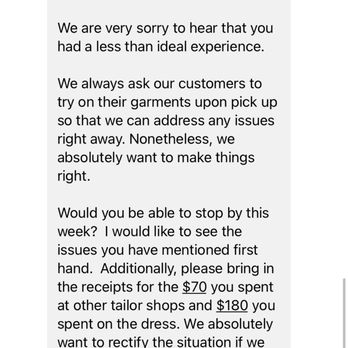 Pecas Tailor - Told me to bring my receipts in, when I did she told me it was not for reimbursement but strictly to see if I was being honest. - Sewing & Alterations Near Me - Chicago, Illinois
