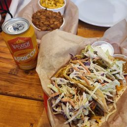 BBQ Tacos,  beans,  hatch chili Mac & cheese