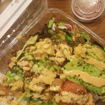 AhiPoki - Large bowl: 1/2 & 1/2 White Rice & Salad; Special Tuna, Albacore & Spicy Tuna. Extra Avo & Lots of spicy sauce. Delish! - Poke Near Me - Sacramento, California