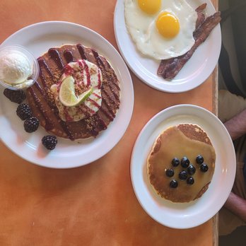 Original Breakfast House - Small portion key lime and lemon curd pancakes with 2 eggs sunny side up and bacon - Breakfast & Brunch Near Me - Phoenix, Arizona