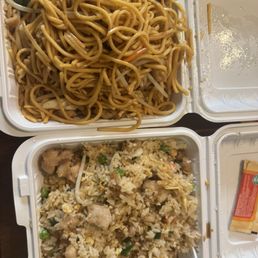 Chicken chow mein and chicken fried rice for