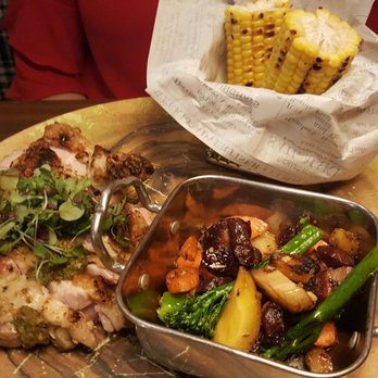 District - Roasted chicken with market vegetable + grilled sweet corn ($15.00) - Cocktail Bars Near Me - Los Angeles, California District - Roasted chicken with market vegetable + grilled sweet corn ($15.00) - Cocktail Bars Near Me - Los Angeles, California