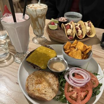 Eat Real Cafe - Shrimp tacos, burger, strawberry mylkshake, and peanut butter vanilla mylkshake. SO GOOOD!!!! - Cafes Near Me - Newhall, California