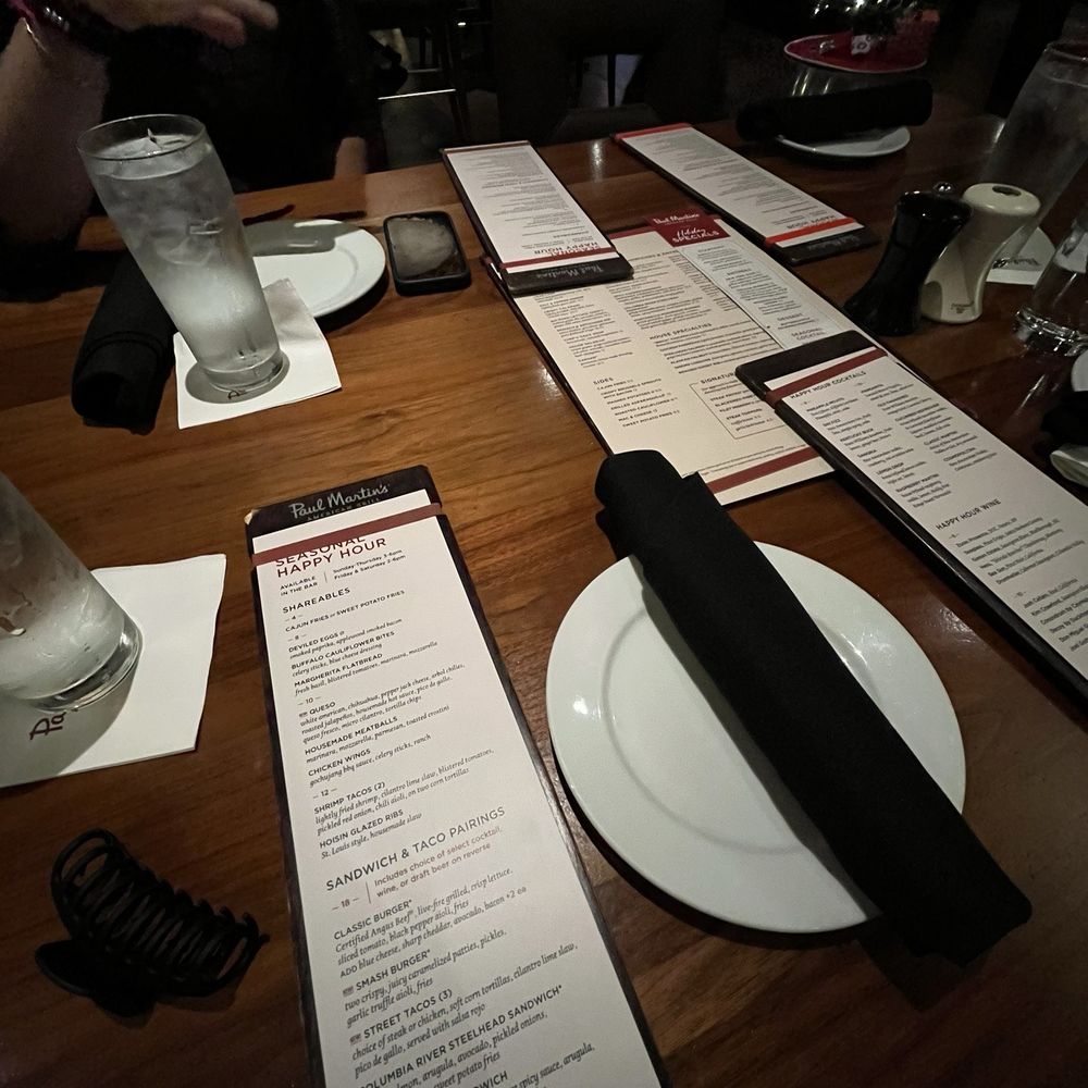 Paul Martin's American Grill Irvine Spectrum - Table setting/happy hour food menu - New American Near Me - Irvine, California