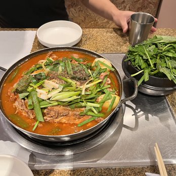 Gam Ja Chon - Medium gamjatang + side of extra vegetables (chive and perilla) - Korean Near Me - Rowland Heights, California