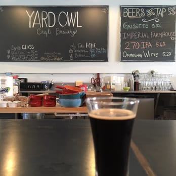 Yard Owl Beer - View of taster glass with Imperial Farmhouse and 'Beers on Tap' Late July, 2016. - Breweries Near Me - New Paltz, New York