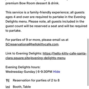 Hello Kitty Cafe - Screenshot from their reservation site stating that evening service is $30 per person, deposit is $15/person ($30 in total) - Themed Cafes Near Me - Santa Clara, California