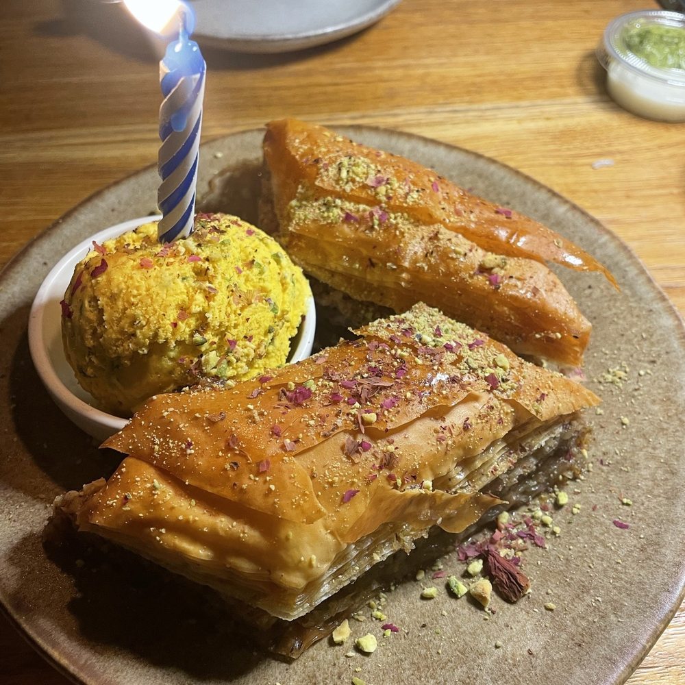 Delbar Middle Eastern - Baklava with saffron ice cream - Persian/Iranian Near Me - Alpharetta, Georgia Delbar Middle Eastern - Baklava with saffron ice cream - Persian/Iranian Near Me - Alpharetta, Georgia