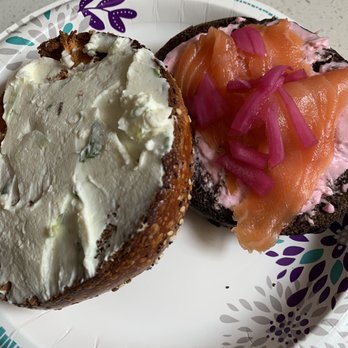 Greenberg’s Bagels - Egg everything bagel with scallion cream cheese. Pumpernickel bagel with lox and beet/horseradish cream cheese - Bagels Near Me - Brooklyn, New York Greenberg’s Bagels - Egg everything bagel with scallion cream cheese. Pumpernickel bagel with lox and beet/horseradish cream cheese - Bagels Near Me - Brooklyn, New York