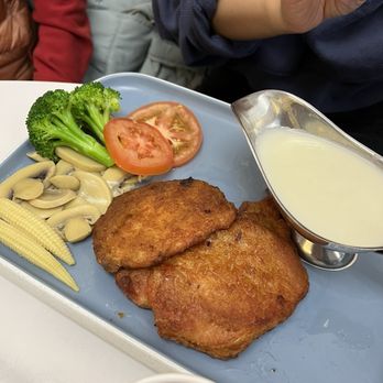 Garden Cafe - Charcoal grilled Pork Chop (white rice) (white cream sauce) (sorry rice was out of frame but it was in a separate bowl) (19.95$) - Hong Kong Style Cafe Near Me - Castro Valley, California