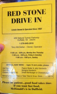 Menu photo 4 Red Stone Drive-In Duffield, VA