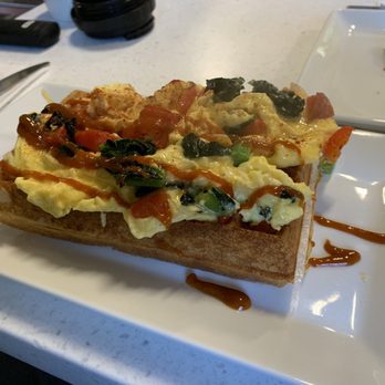 L'Atelier TR - Scrambled egg waffle with roasted peppers and garlic kale. To die for! - Chocolatiers & Shops Near Me - Bainbridge Island, Washington L'Atelier TR - Scrambled egg waffle with roasted peppers and garlic kale. To die for! - Chocolatiers & Shops Near Me - Bainbridge Island, Washington