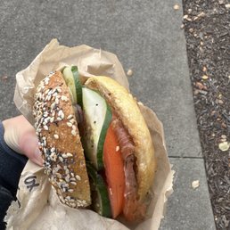 Lox w/pesto (no cream cheese) on everything bagel Lox w/pesto (no cream cheese) on everything bagel