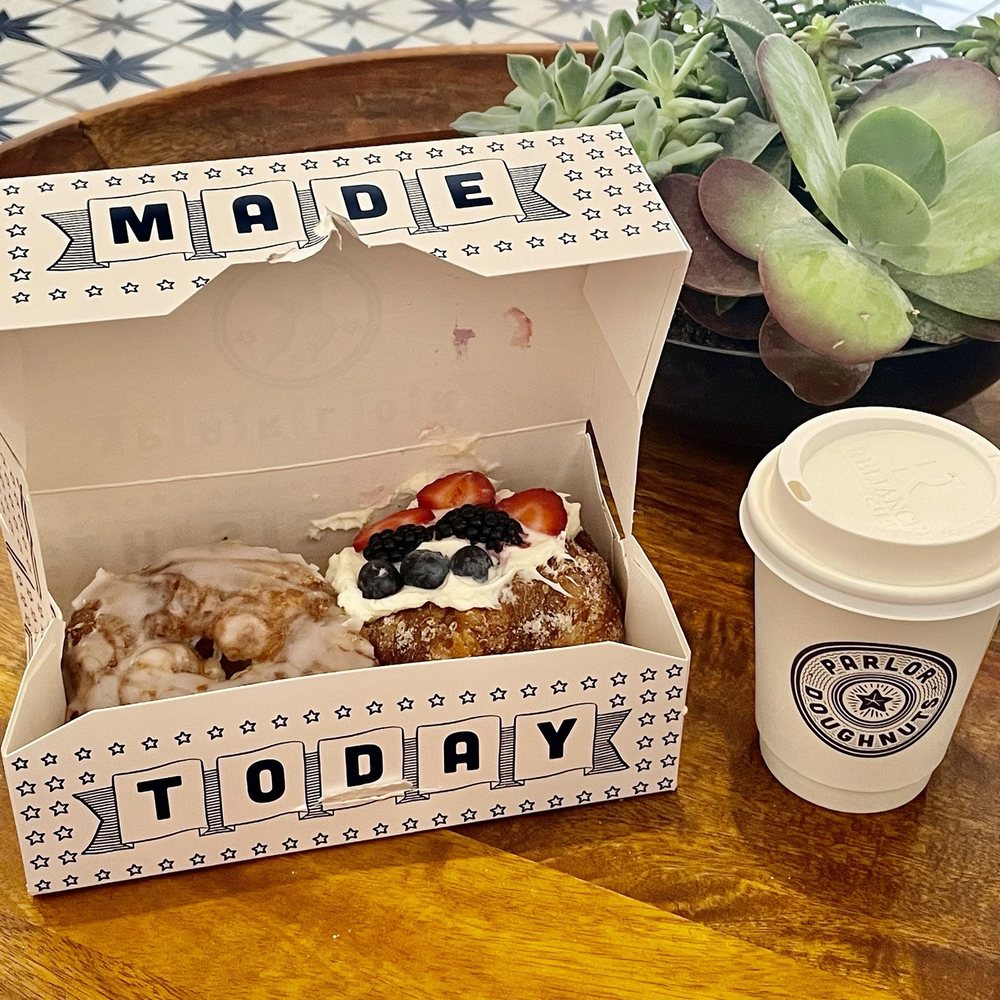 Parlor Doughnuts - Fruit tart and honey lavender and a cup of their chai latte. What a sweet Saturday afternoon. - Donuts Near Me - Knoxvile, Tennessee Parlor Doughnuts - Fruit tart and honey lavender and a cup of their chai latte. What a sweet Saturday afternoon. - Donuts Near Me - Knoxvile, Tennessee