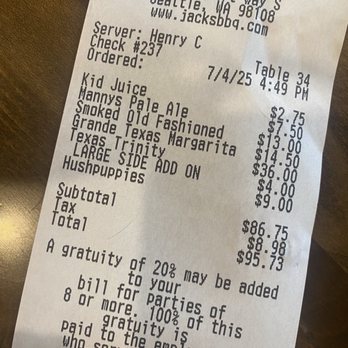 Jack's BBQ - SoDo - $111 after tip and my daughter wouldn't eat any of it, lol - Barbeque Near Me - Seattle, Washington Jack's BBQ - SoDo - $111 after tip and my daughter wouldn't eat any of it, lol - Barbeque Near Me - Seattle, Washington