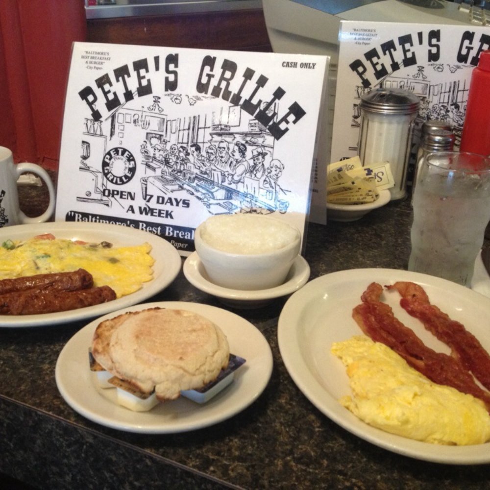 Pete's Grille - $22 for this meal. Mix and match - veggie omelet, grits, toast. Added turkey sausage, bacon, 2 eggs w/ cheese, 2 coffees. - Breakfast & Brunch Near Me - Baltimore, Maryland Pete's Grille - $22 for this meal. Mix and match - veggie omelet, grits, toast. Added turkey sausage, bacon, 2 eggs w/ cheese, 2 coffees. - Breakfast & Brunch Near Me - Baltimore, Maryland