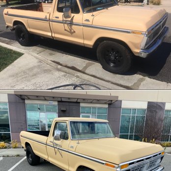 Ikon Auto Collision - 1977 Ford F-350 before and after. Top is before with original paint / bottom after paint and body work - Body Shops Near Me - Murrieta, California